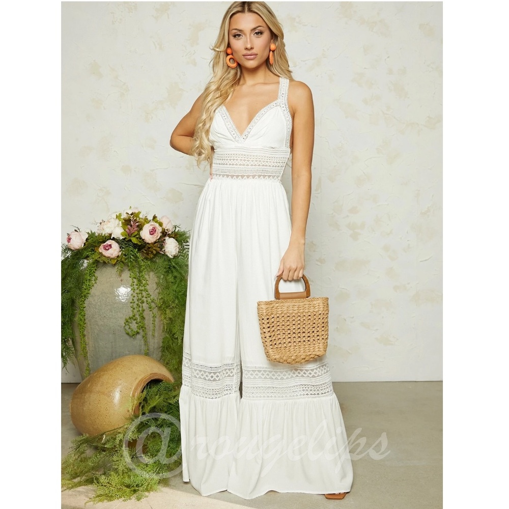 White Lace Detail Flared Wide Leg Bohemian Jumpsuit V-Neck Criss Cross - Picture 4 of 10